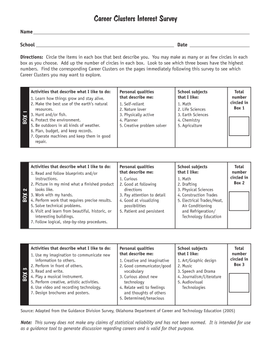 Career Clusters Student Interest Survey Advance CTE